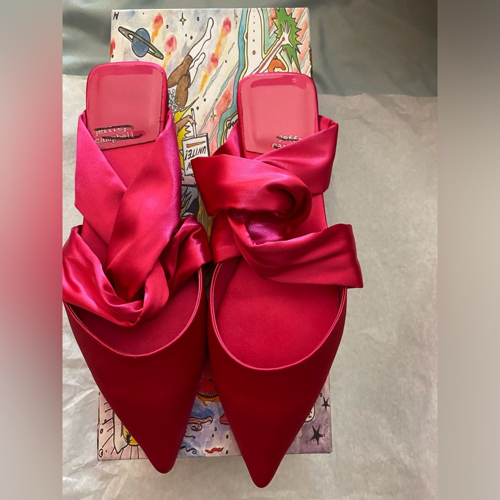 NWT/Box Jeffrey Campbell Tied Down Satin Knot Mules. Very chic in Fuchsia Satin.